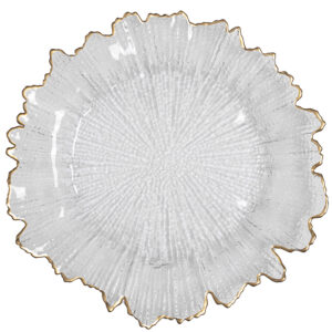 Podtalerz plastikowy TRANSPARENTNY liść ze złotym rantem 33 cm